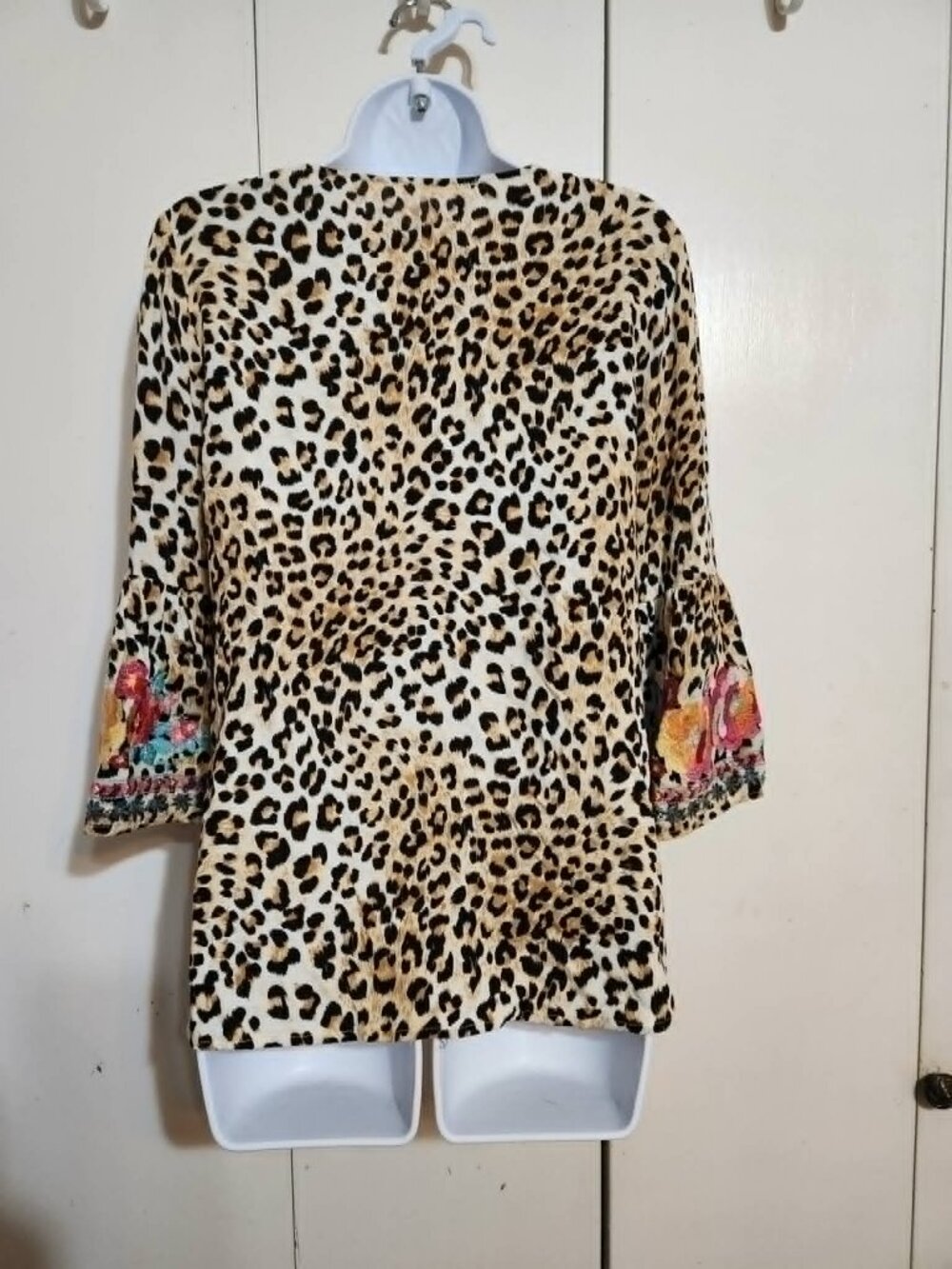 Savanna Jane Small Patchwork Applique Boho Blouse Leopard Print Floral Artsy Top - Picture 2 of 6